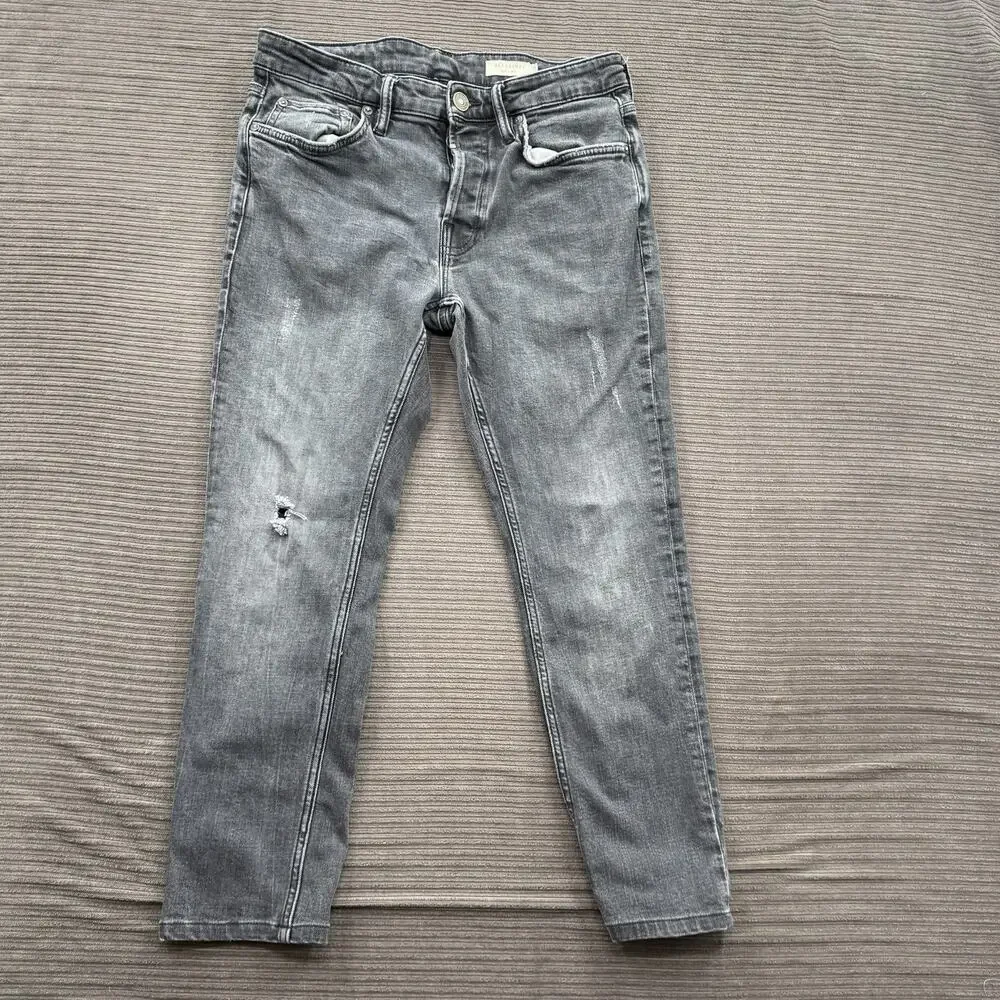 AllSaints Rex Jeans Men 30/26 Gray Cotton Button Fly Distressed Designer.